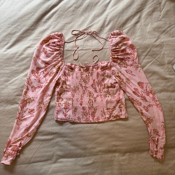 Free People Hilary floral pink Printed Top Pink Combo Boho crew summer /XS - Picture 3 of 10